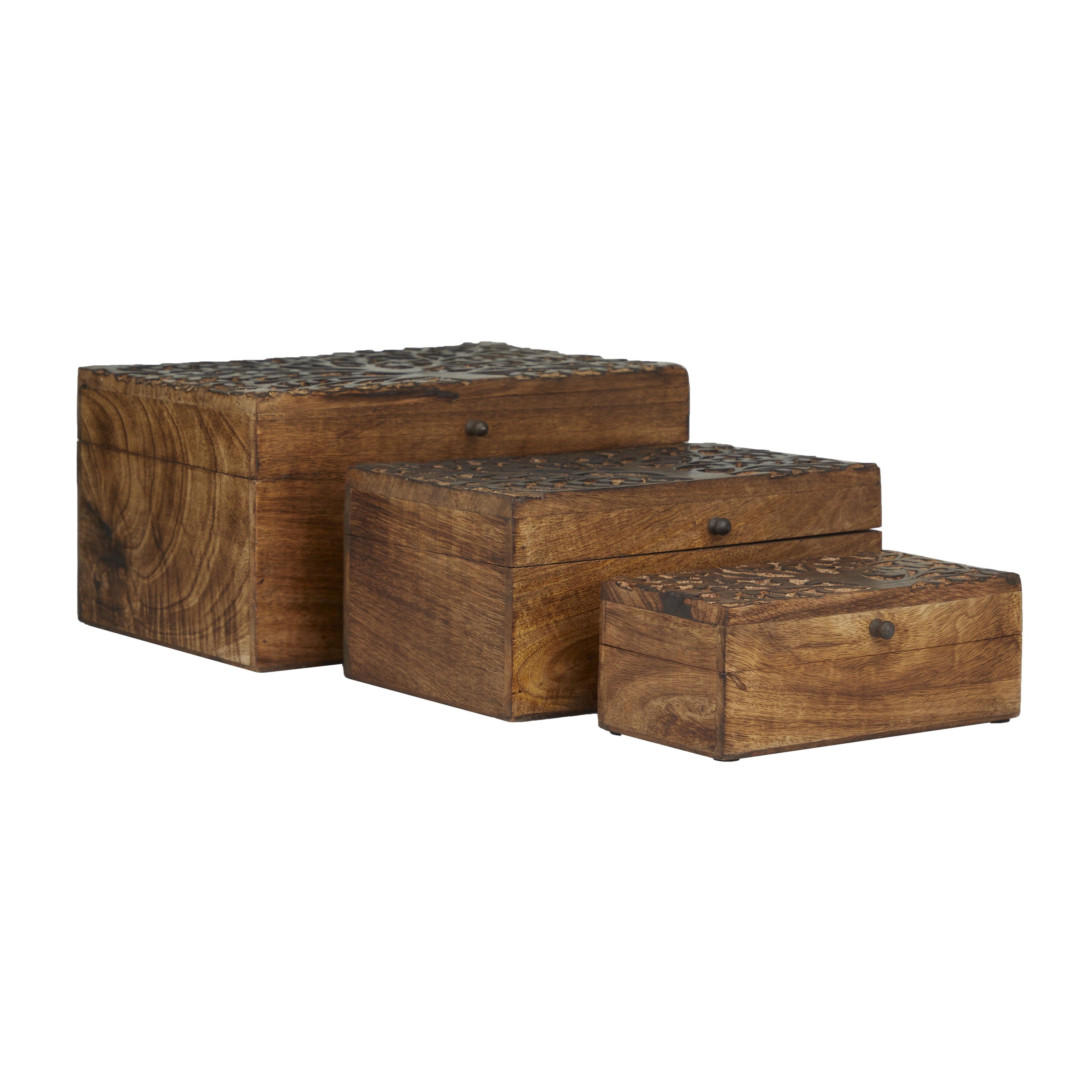 Mango Wood Floral Handmade Decorative Box with Hinged Lid - Set of 3 Brown or White - Roche River Decor