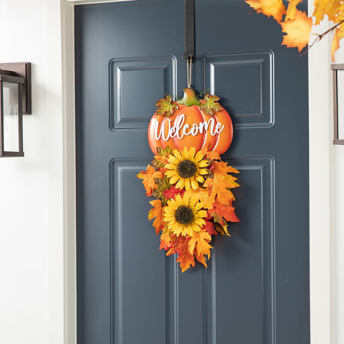 Glitzhome 22.5H Fall Metal Welcome Pumpkin & Sunflower Swag Thanksgiving Wall Decor