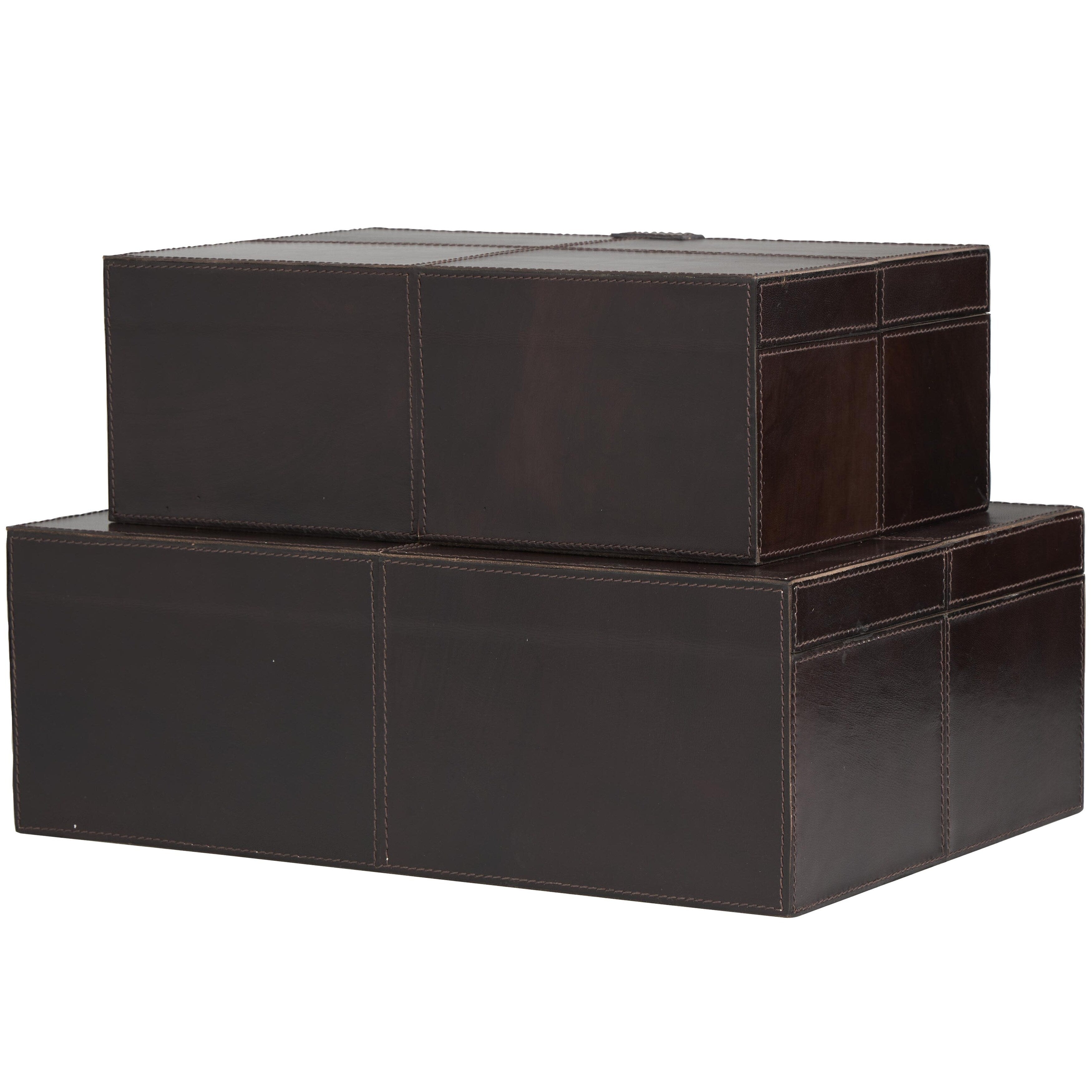 Leather Handmade Decorative Box with Hinged Lid - Set of 2 Gray, Brown or Dark Brown - Roche River Decor