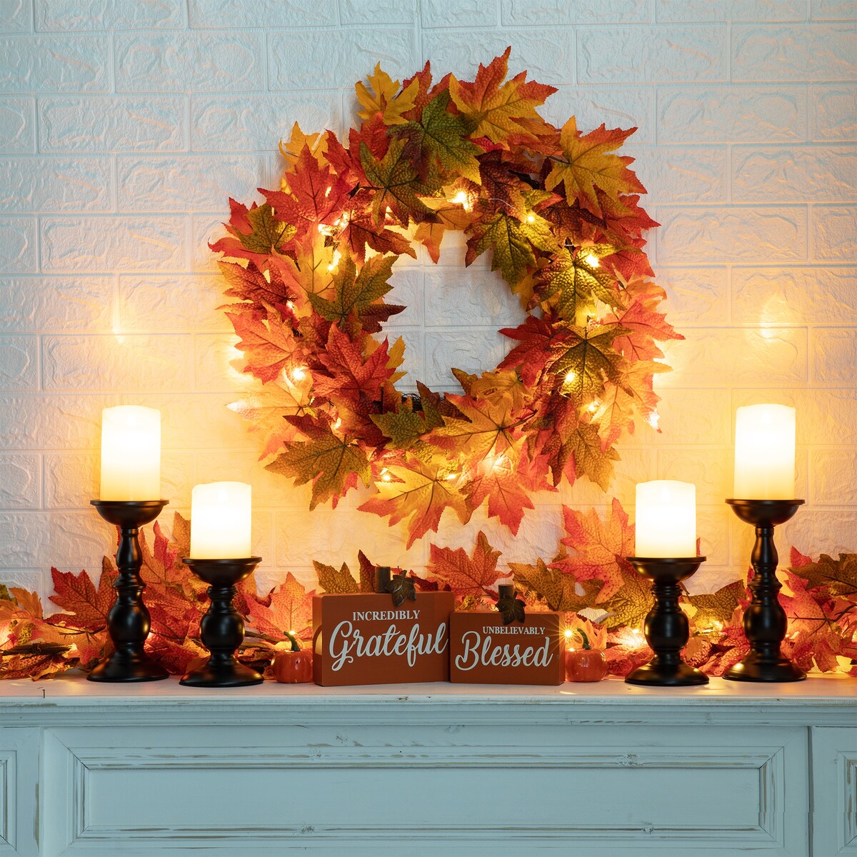 Glitzhome LED Lighted Fall Maple Leaves Wreath/Garland for Thanksgiving