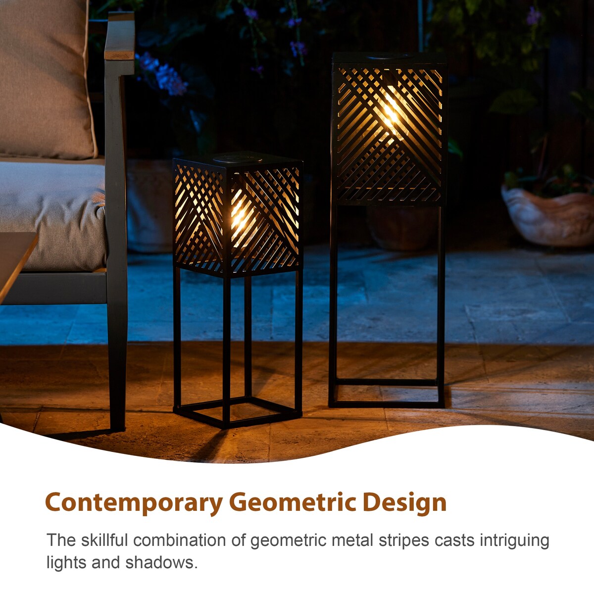 Glitzhome 24H Set of 2 Outdoor Geometric Black Metal Solar Standing Lantern with Bulb