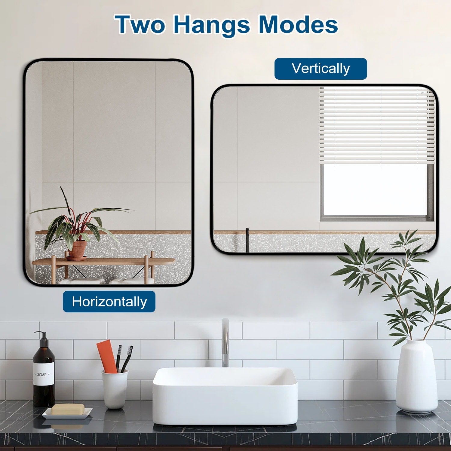 Black Aluminum Alloy Framed Vanity Rounded Rectangle Bathroom Mirrors for Over Sink Wall, Horizontally or Vertically Hanging