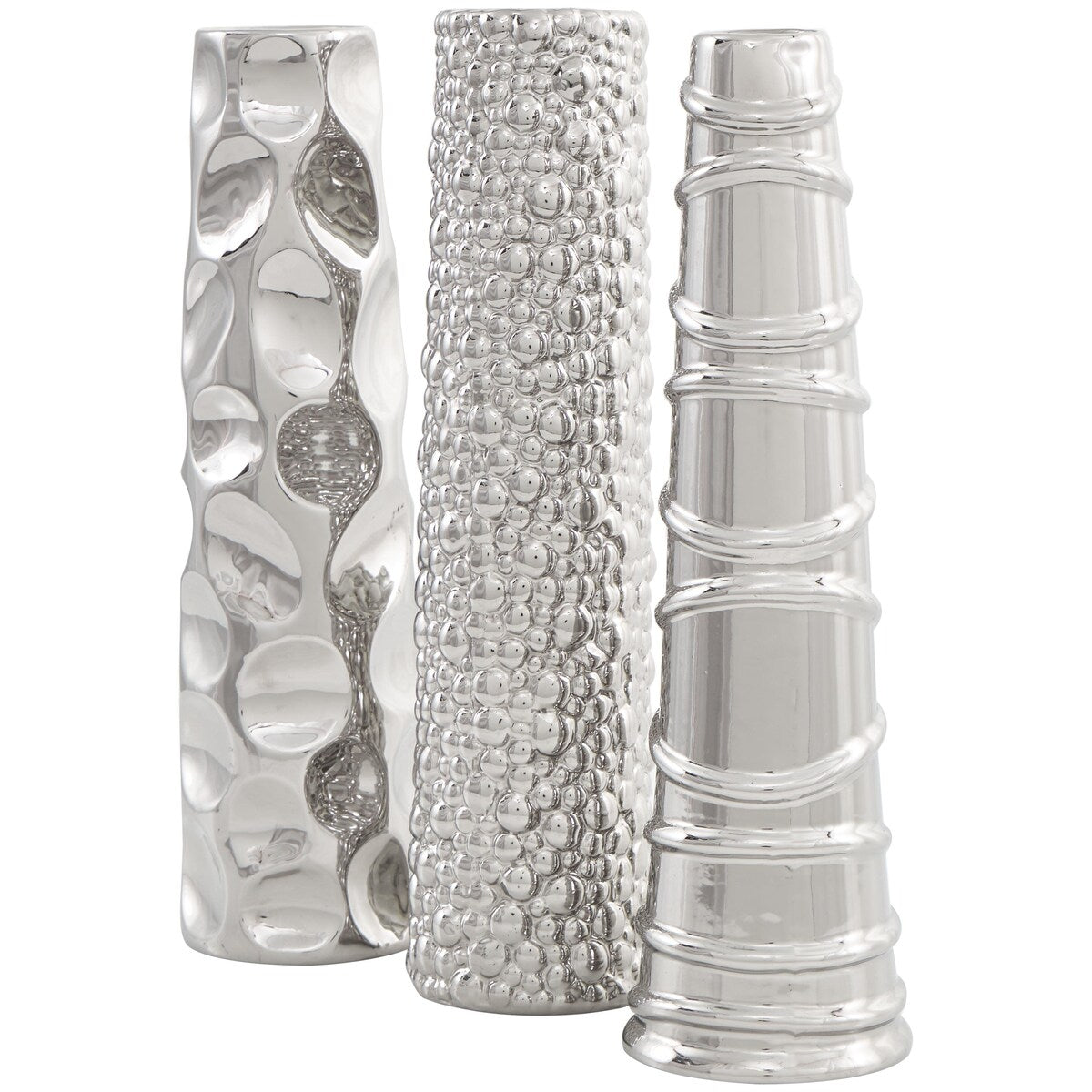 Ceramic Slim Cone Shaped Decorative Vase with Varying Textures - Set of 3 Silver - Roche River Decor