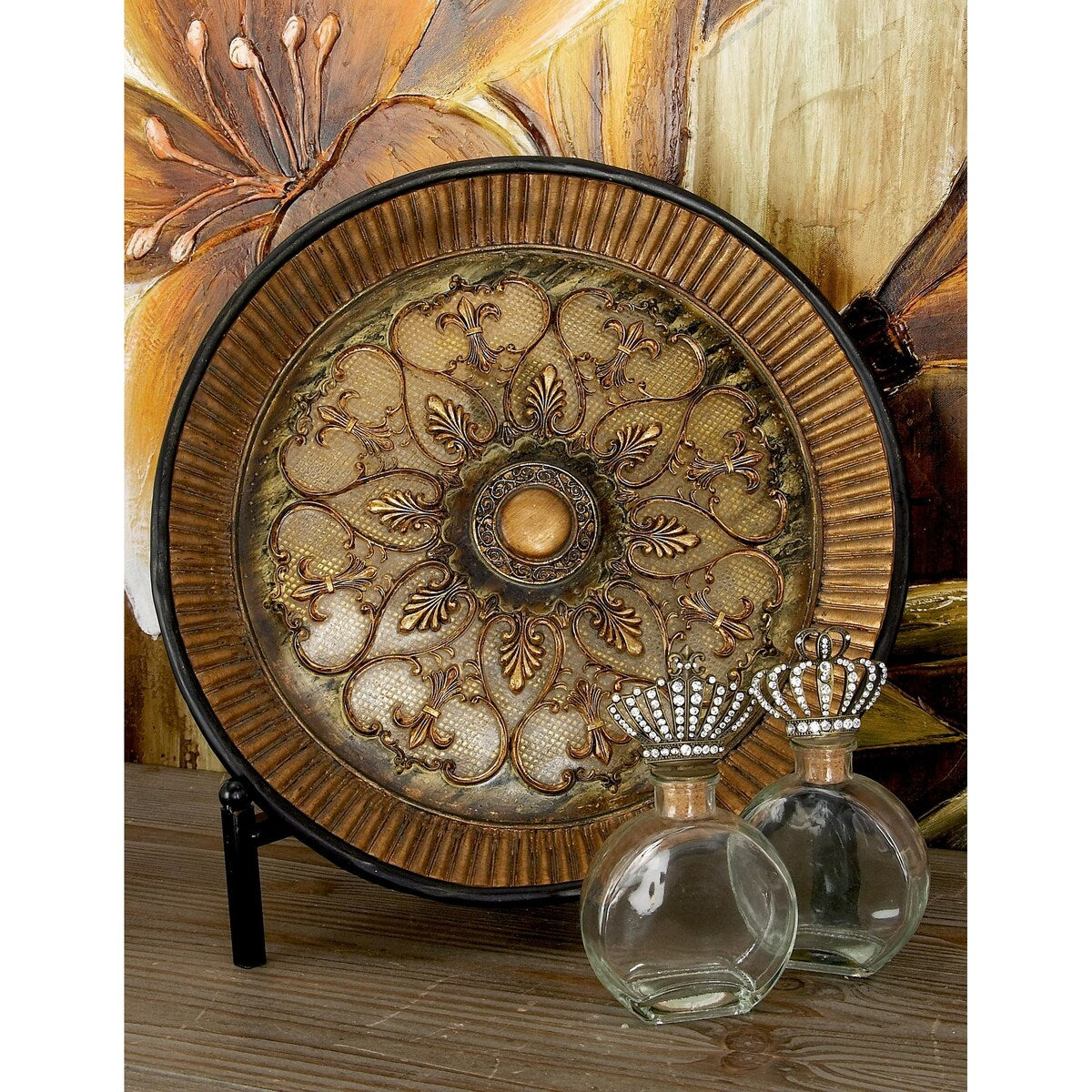 Polystone Scroll Embossed Detail Charger with Stand - Gold - Roche River Decor