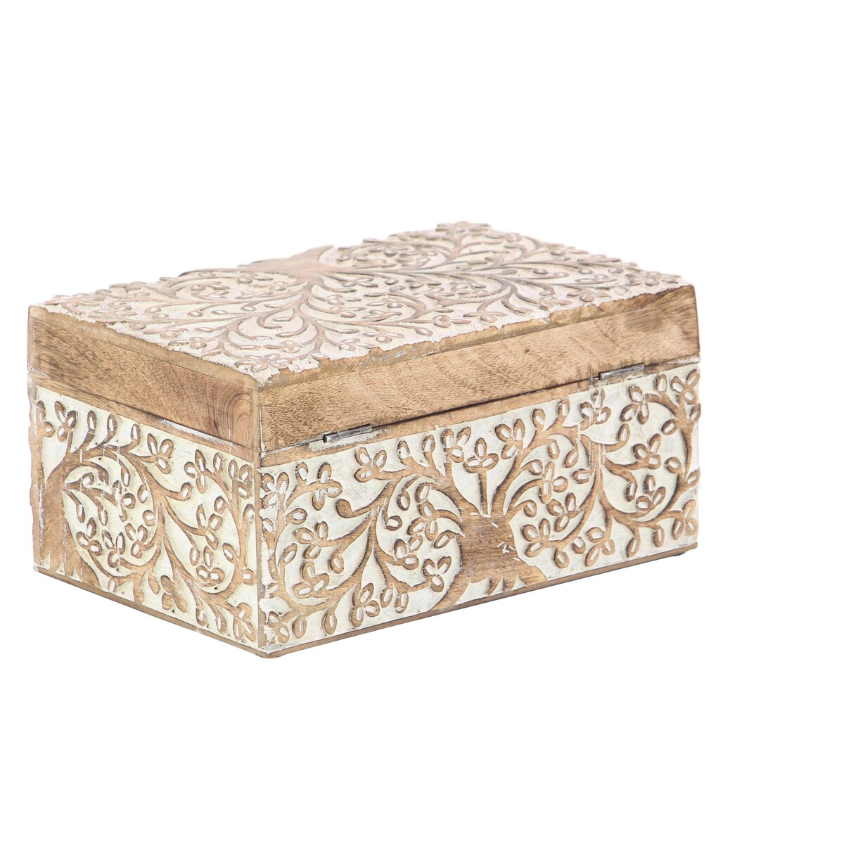 Mango Wood Floral Handmade Decorative Box with Hinged Lid - Set of 3 Brown or White - Roche River Decor