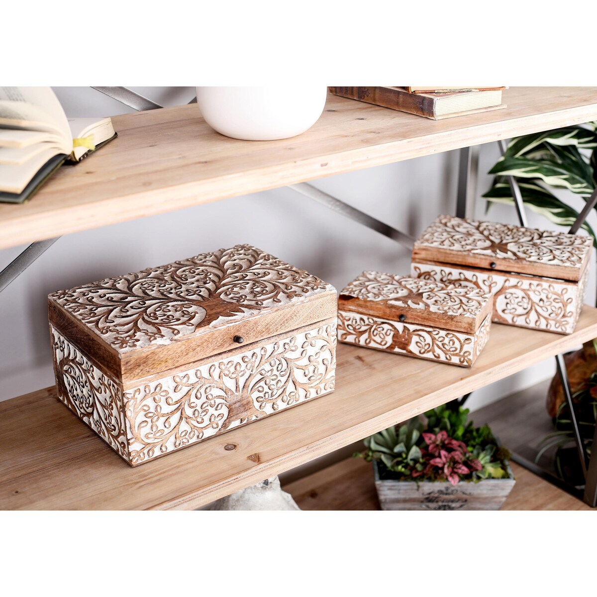 Mango Wood Floral Handmade Decorative Box with Hinged Lid - Set of 3 Brown or White - Roche River Decor