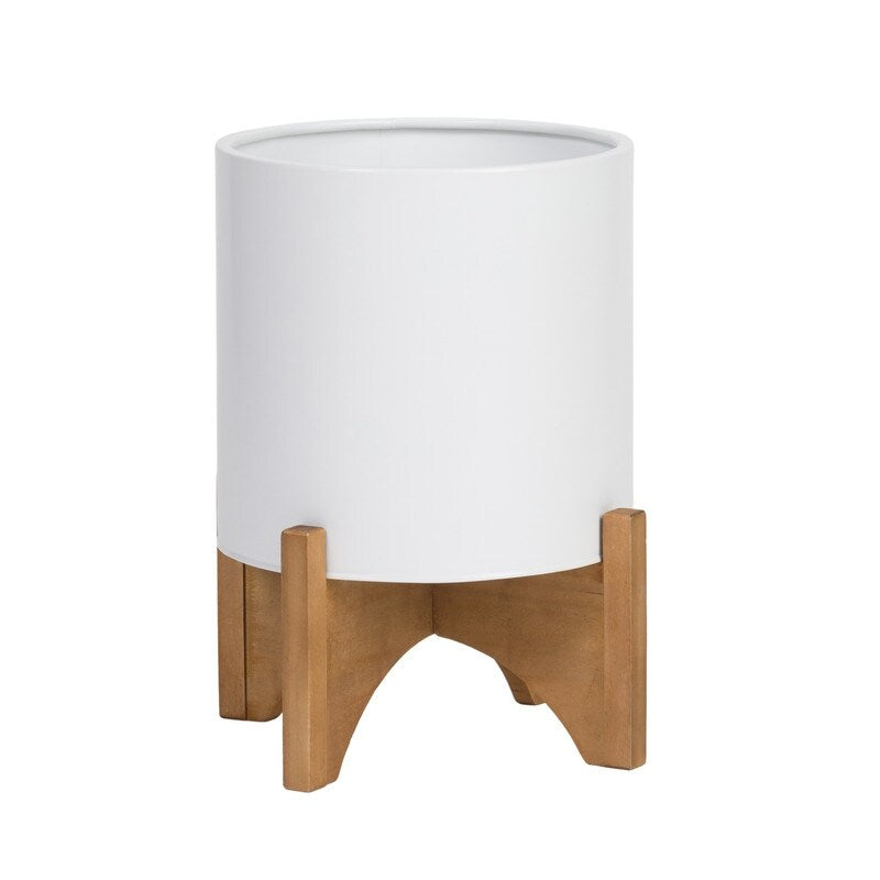 Raya White Mid-Century Modern Indoor Metal Pot Planter with Arch Wood Base