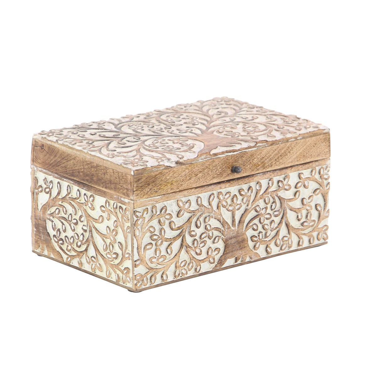 Mango Wood Floral Handmade Decorative Box with Hinged Lid - Set of 3 Brown or White - Roche River Decor