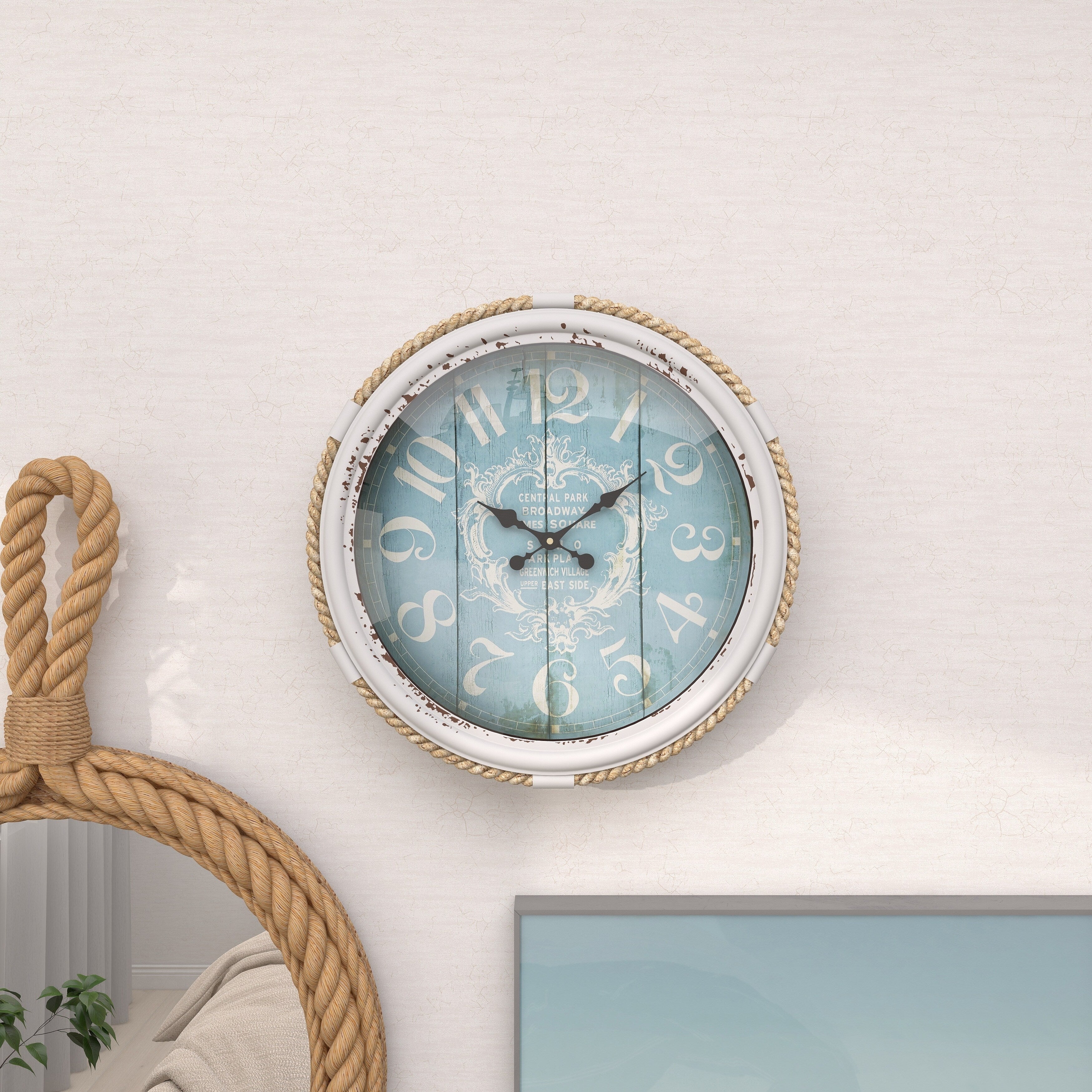 Metal Scroll Decorative Wall Clock with Distressed Frame and Rope Accent - Blue or White - Roche River Decor