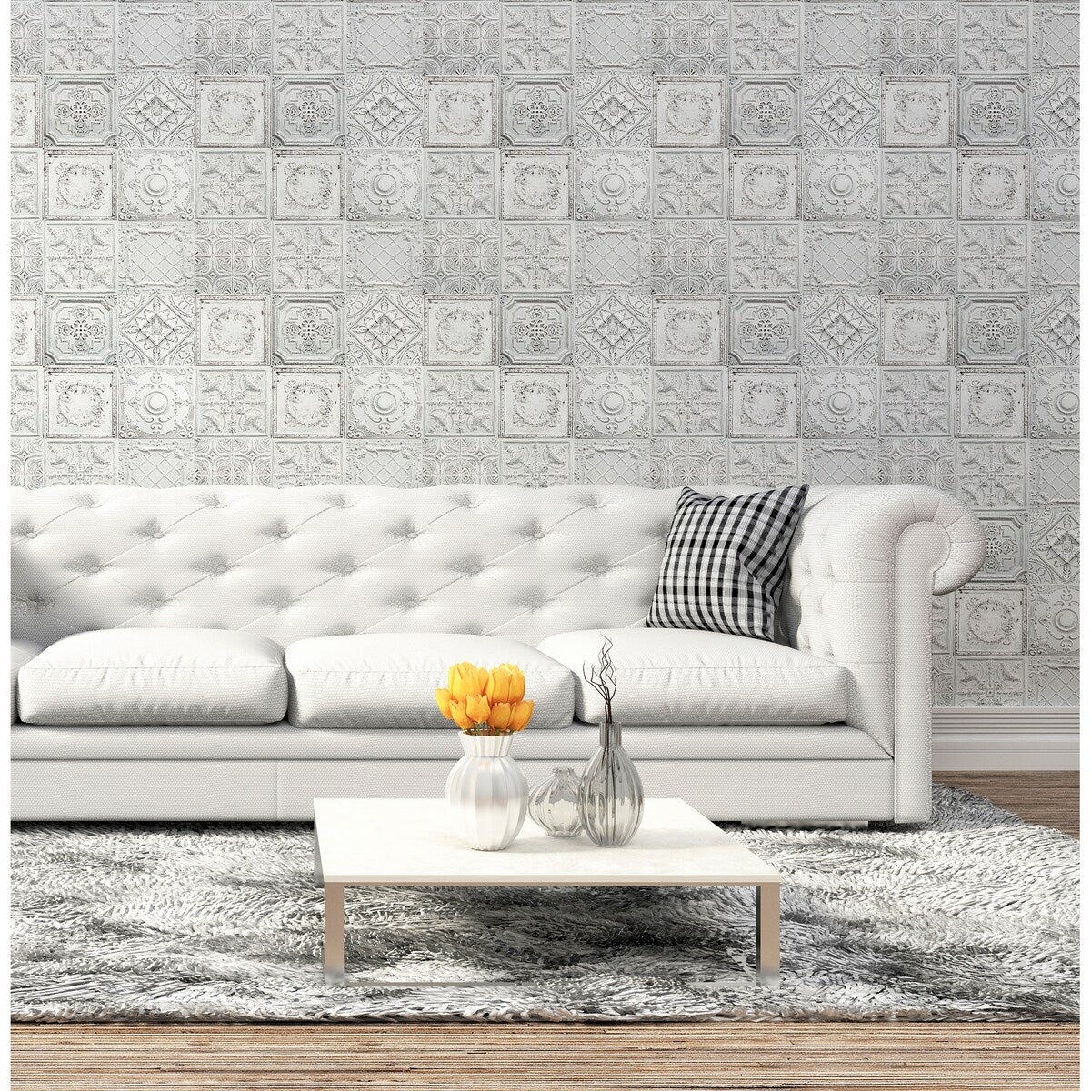 Tin Tile White Wallpaper - 20.8 in. W x 33ft L - Double Roll