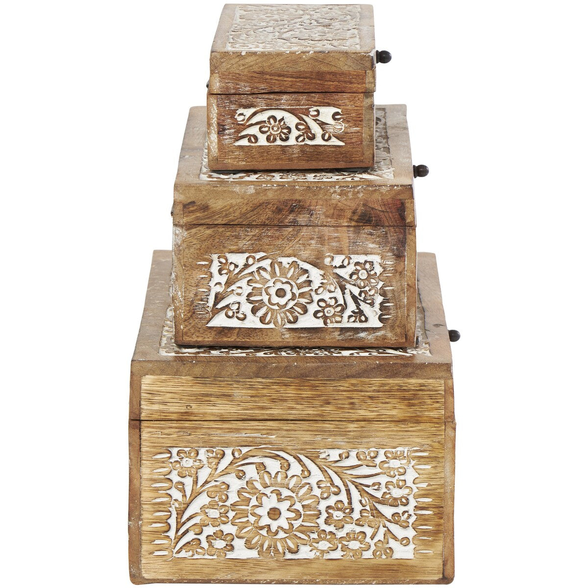 Mango Wood Floral Handmade Decorative Box with Hinged Lid - Set of 3 Brown or White - Roche River Decor