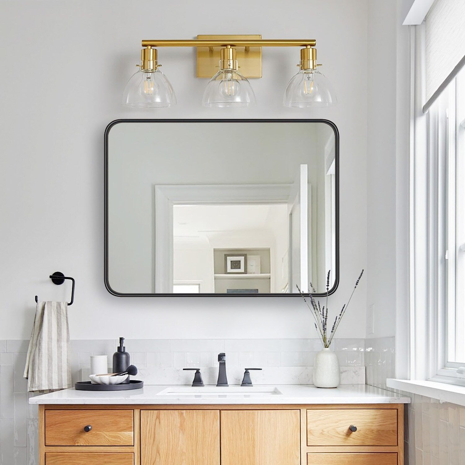 Black Aluminum Alloy Framed Vanity Rounded Rectangle Bathroom Mirrors for Over Sink Wall, Horizontally or Vertically Hanging