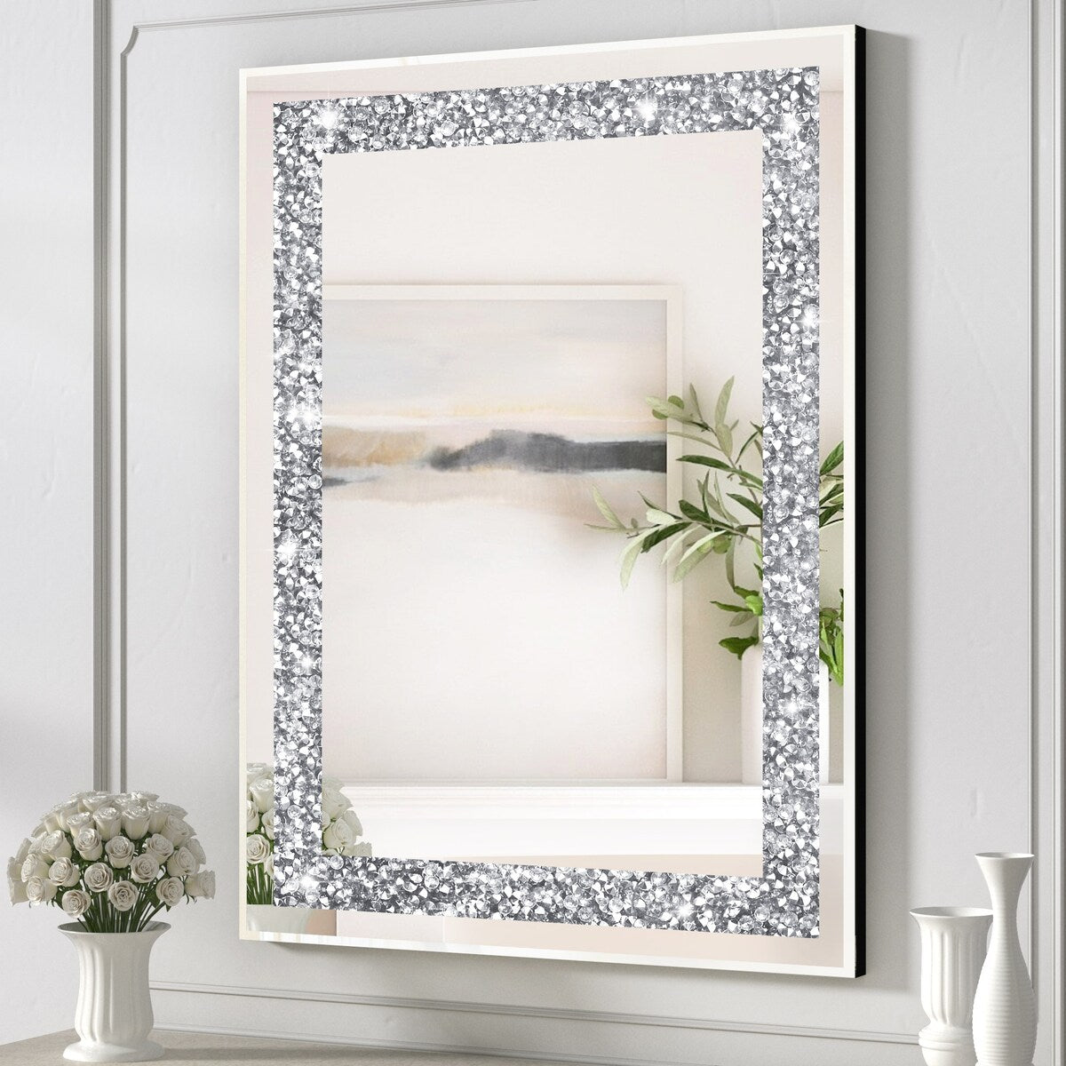 KOHROS Silver Rectangle Crystal Decorative Wall Mirror