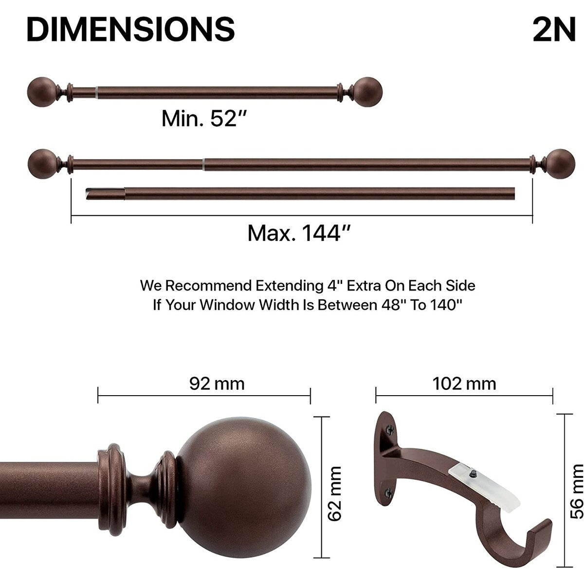 Deco window 1 Inch Adjustable Curtain Rod for Windows & Doors Curtains with Ball Finials & Brackets Set