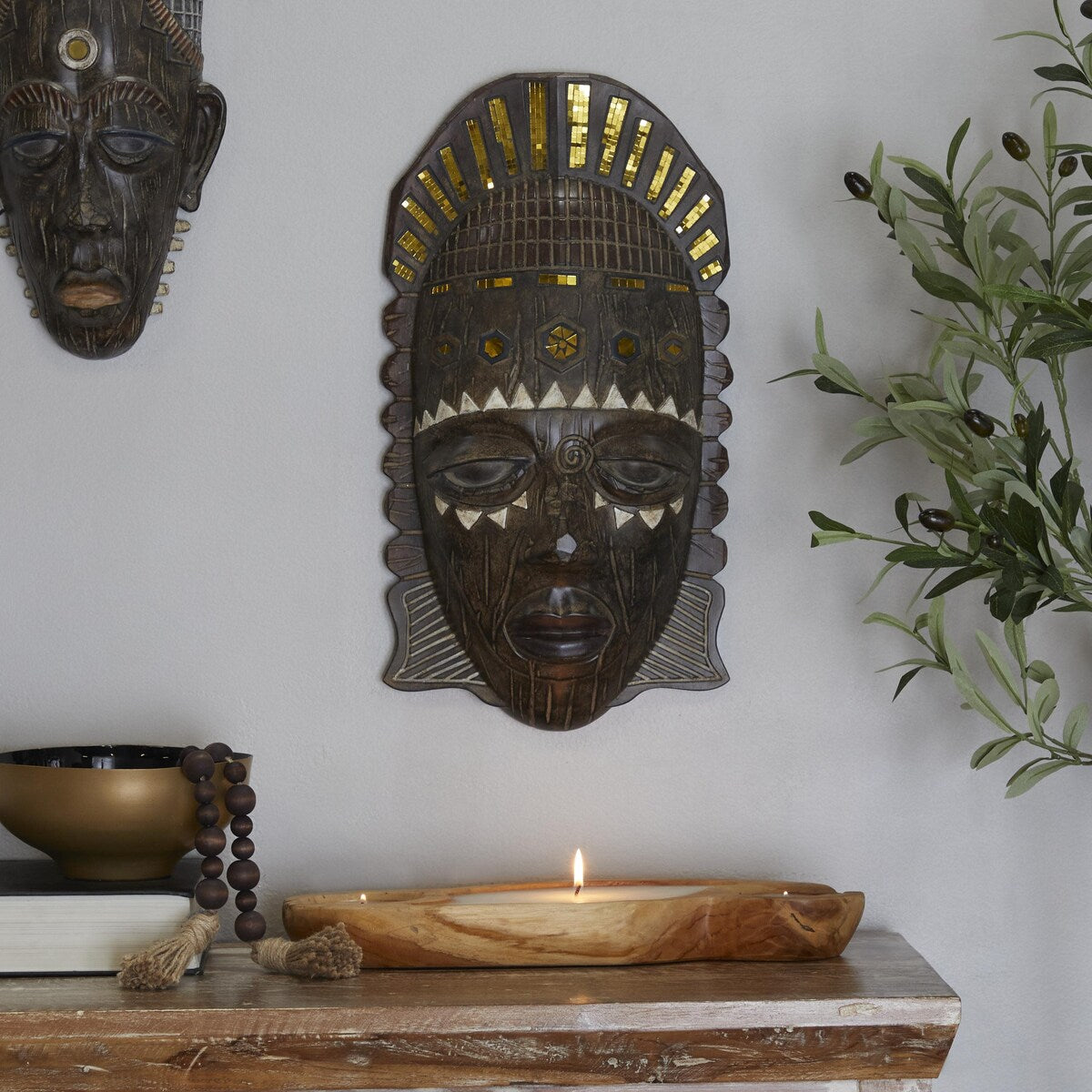 Polystone Mask African Tribal Home Wall Decor with Mirrored Gold Accents - Brown - Roche River Decor