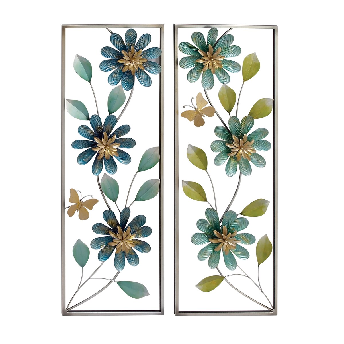 Metal Floral Home Wall Decor with Silver Frame - Set of 2 Green - Roche River Decor