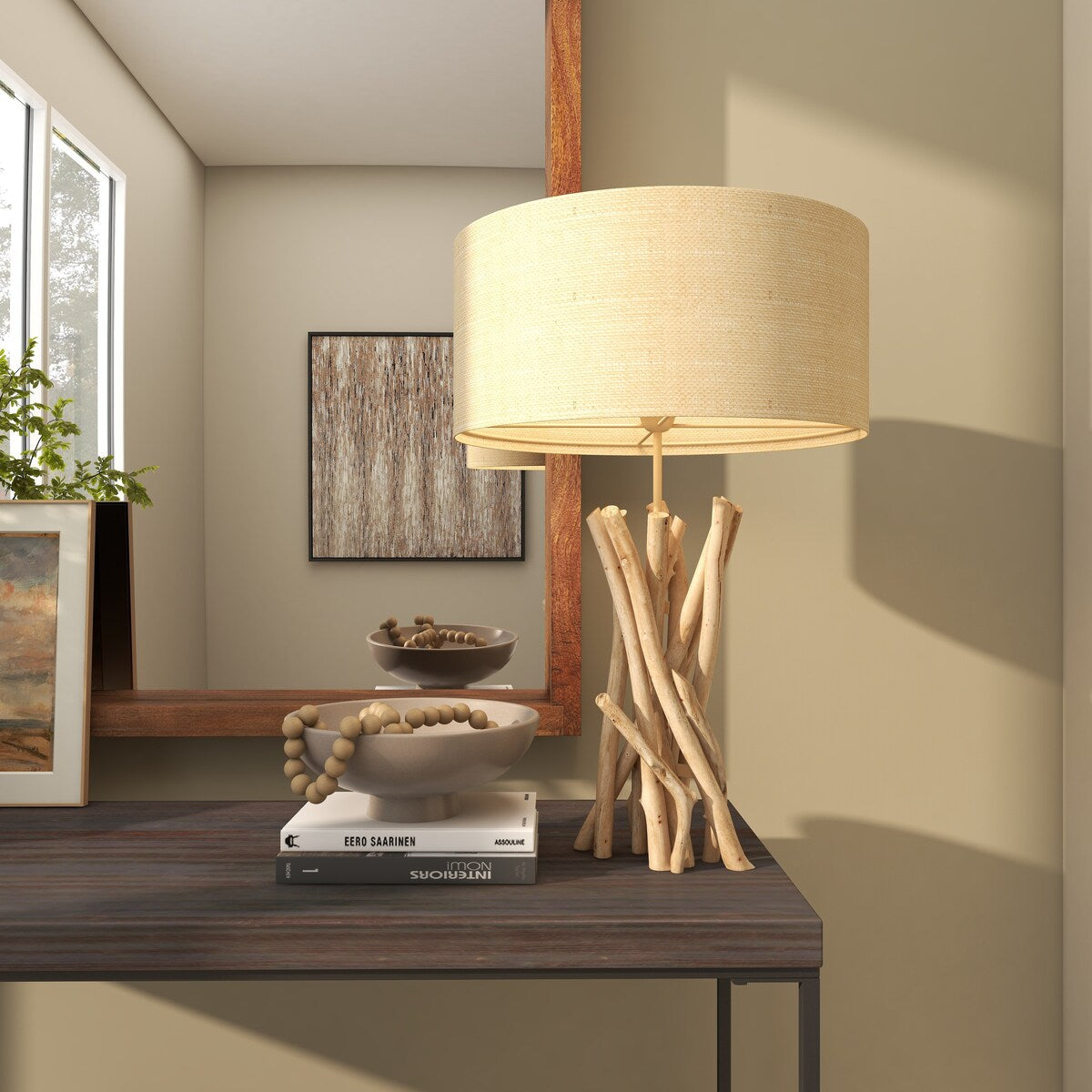 Driftwood Handmade Room Table Lamp with Cream Linen Shade - Light Brown - Roche River Decor