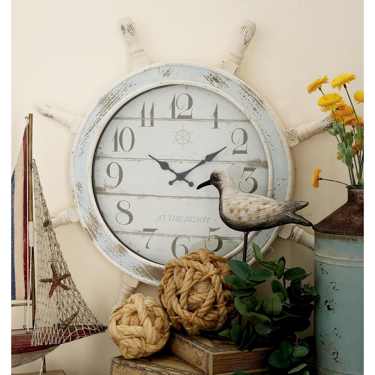 Wood Sail Boat Ship Wheel Decorative Wall Clock - Blue - Roche River Decor