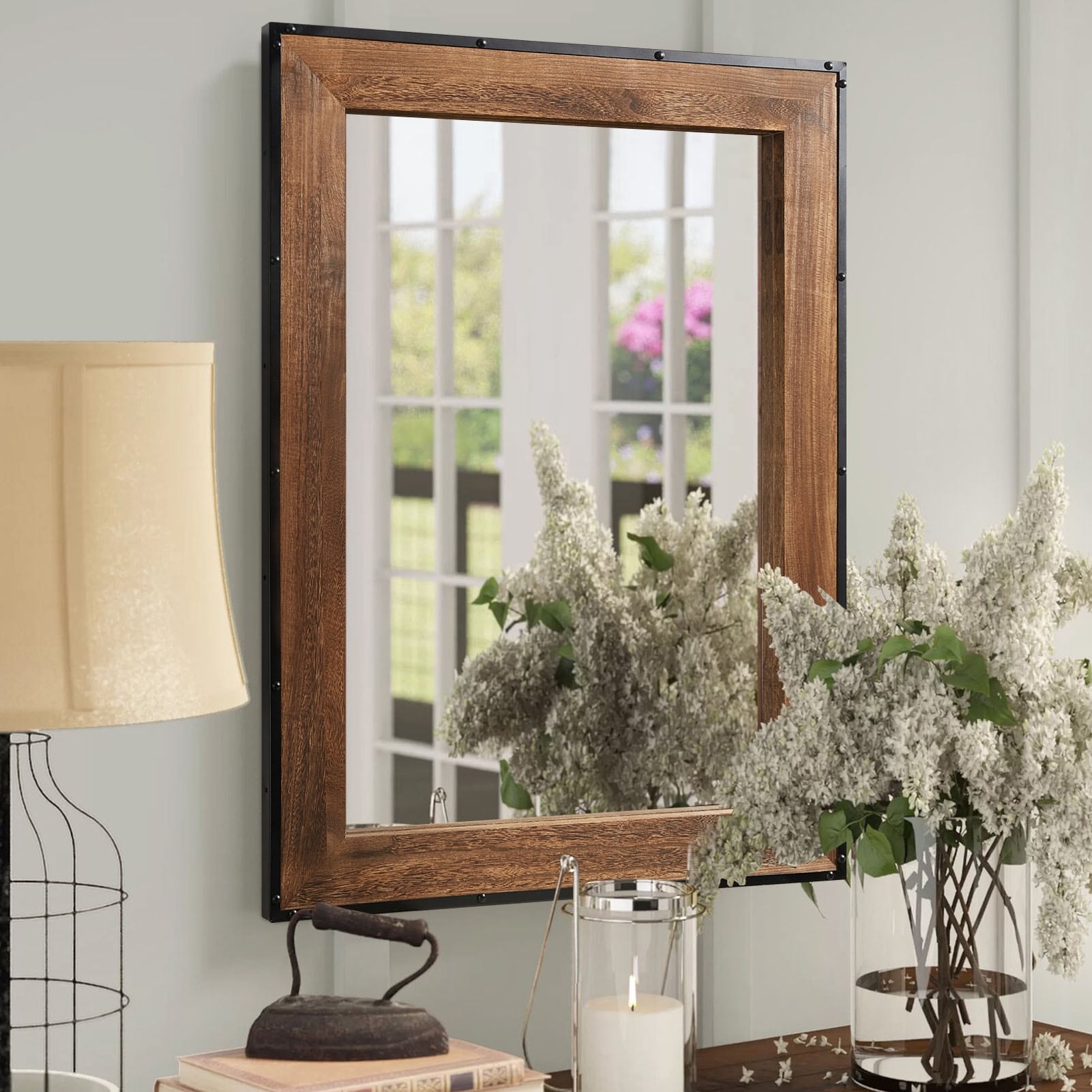 Rustic Natural Wood and Iron Framed Wall Vanity Mirror