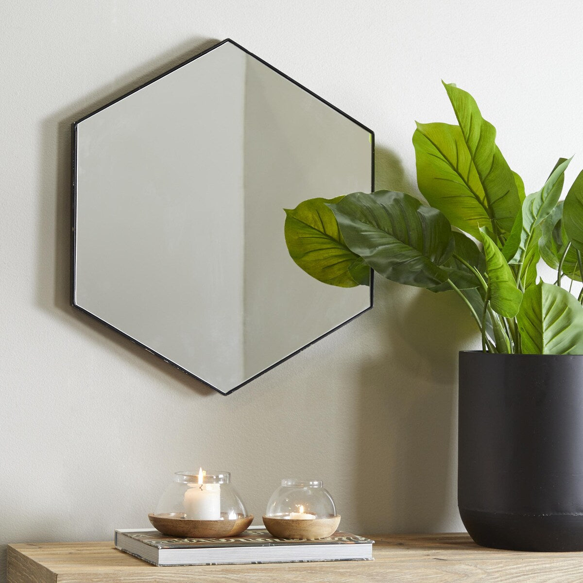 Wooden Hexagon Room Wall Mirror with Thin Minimalistic Frame - Black or Gold - CosmoLiving by Cosmopolitan