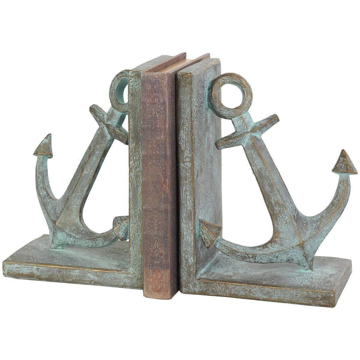 Polystone Anchor Distressed Patina Decorative Bookends with Gold Foil Accents - Set of 2 Blue - Roche River Decor