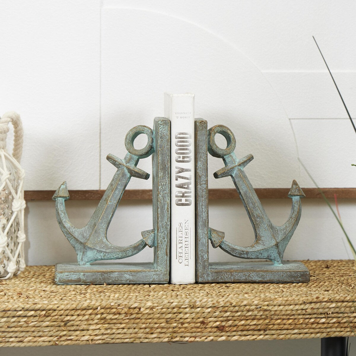 Polystone Anchor Distressed Patina Decorative Bookends with Gold Foil Accents - Set of 2 Blue - Roche River Decor