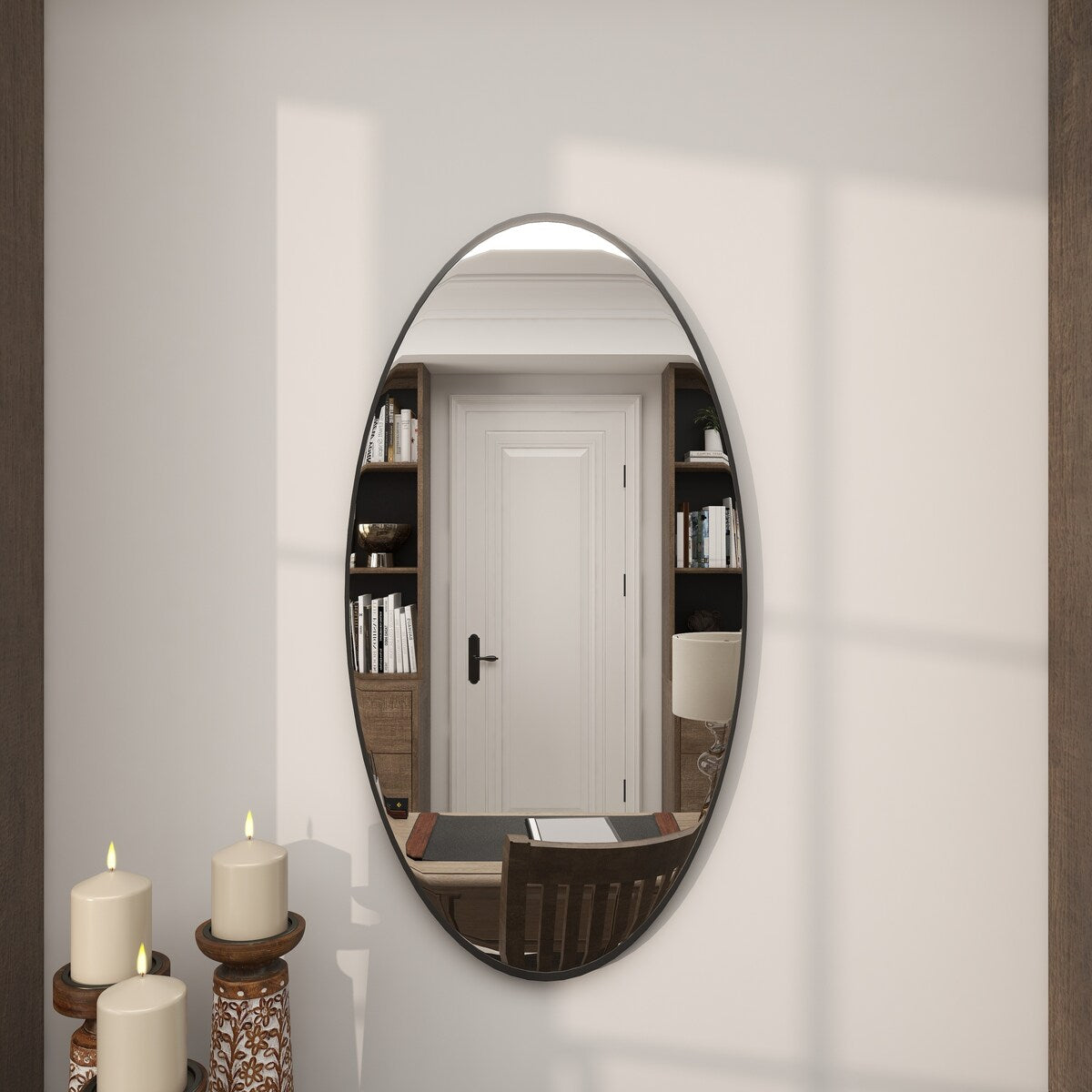 Wood Oval Room Wall Mirror with Thin Minimalistic Frame - Black, Gold or White - Roche River Decor