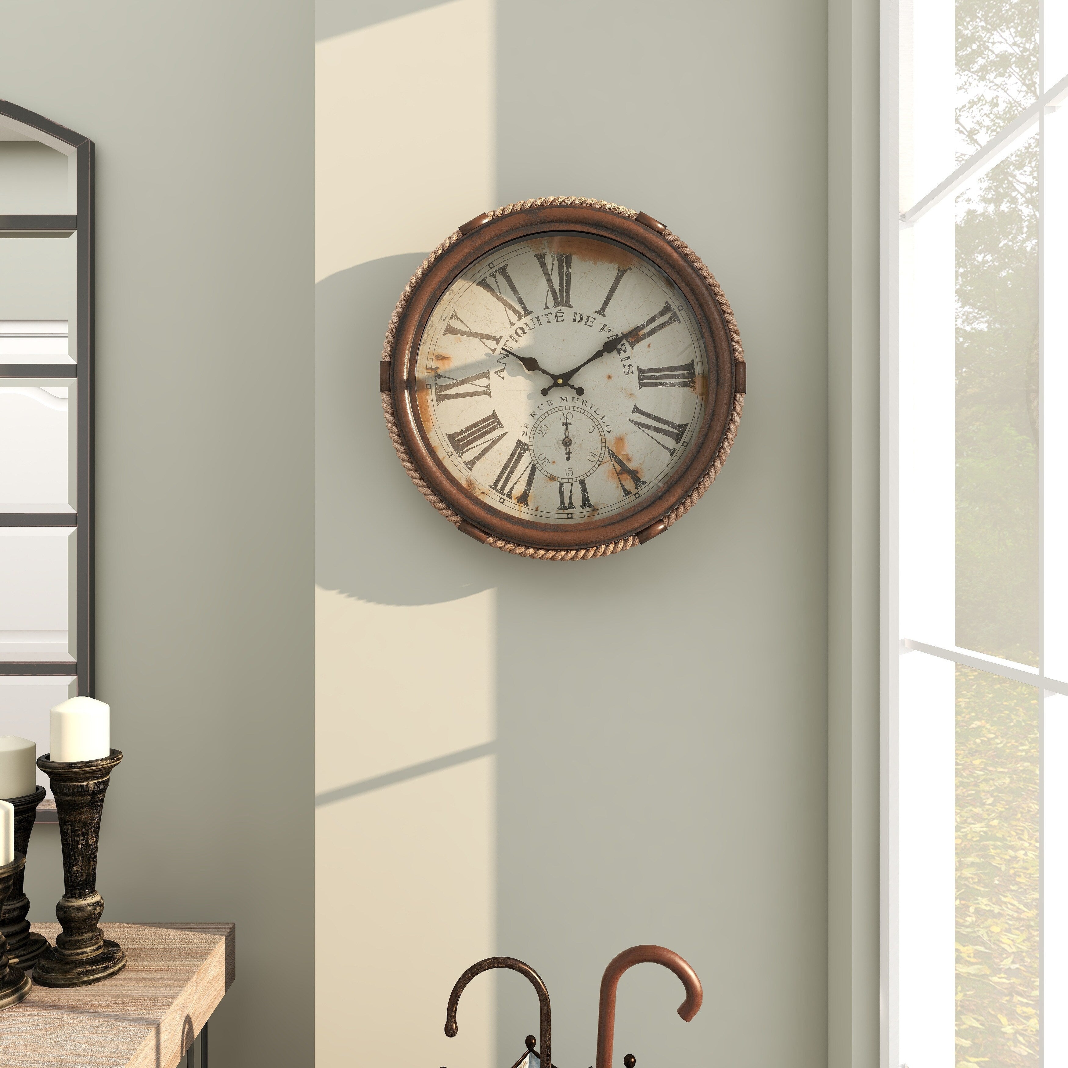 Metal Scroll Decorative Wall Clock with Distressed Frame and Rope Accent - Blue or White - Roche River Decor