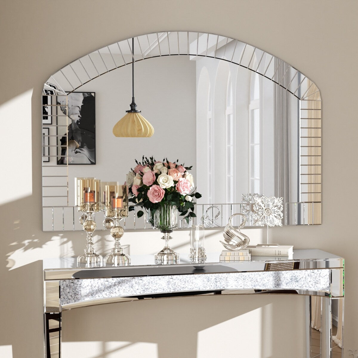 Large Beveled Arch Glass Flat Wall Mirror