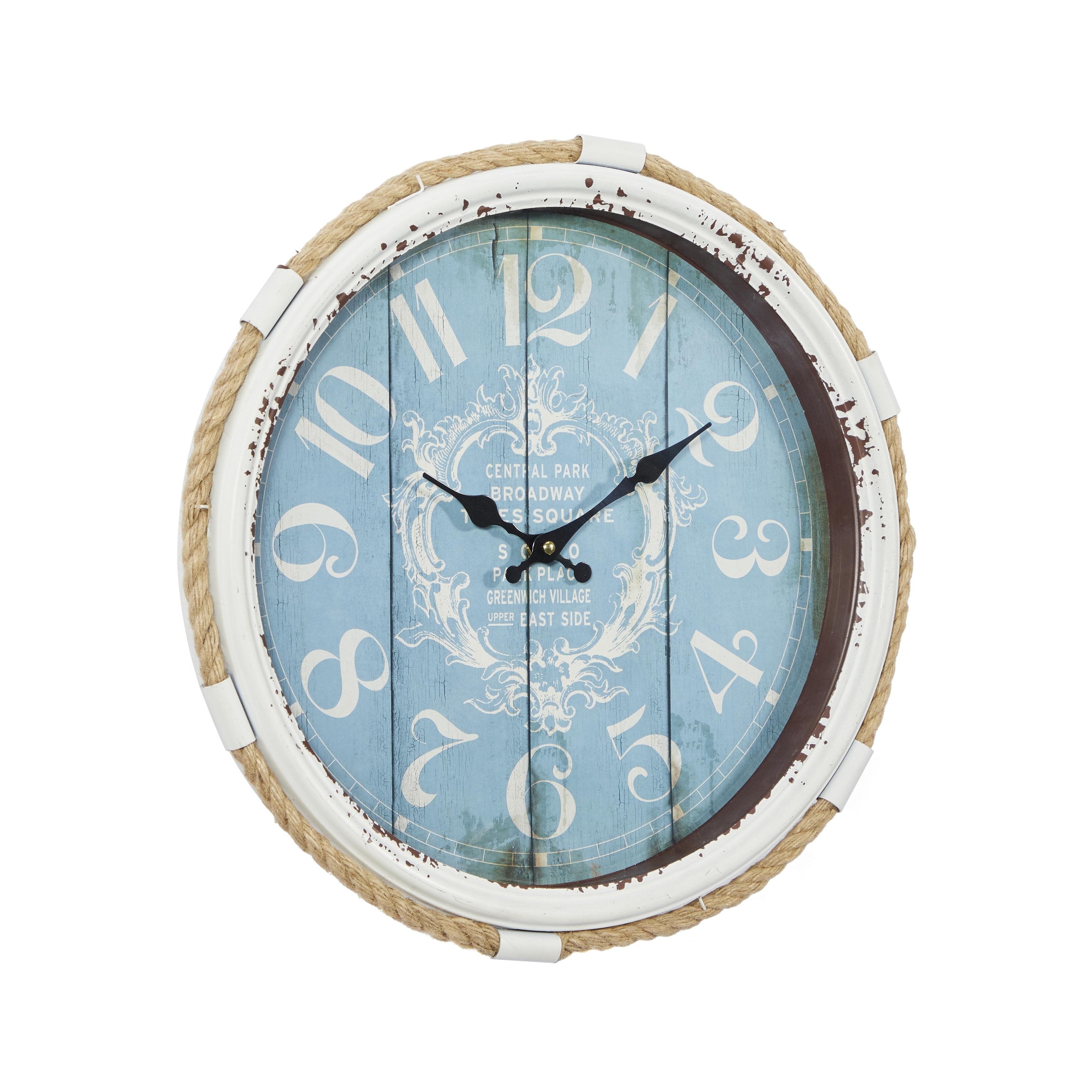 Metal Scroll Decorative Wall Clock with Distressed Frame and Rope Accent - Blue or White - Roche River Decor