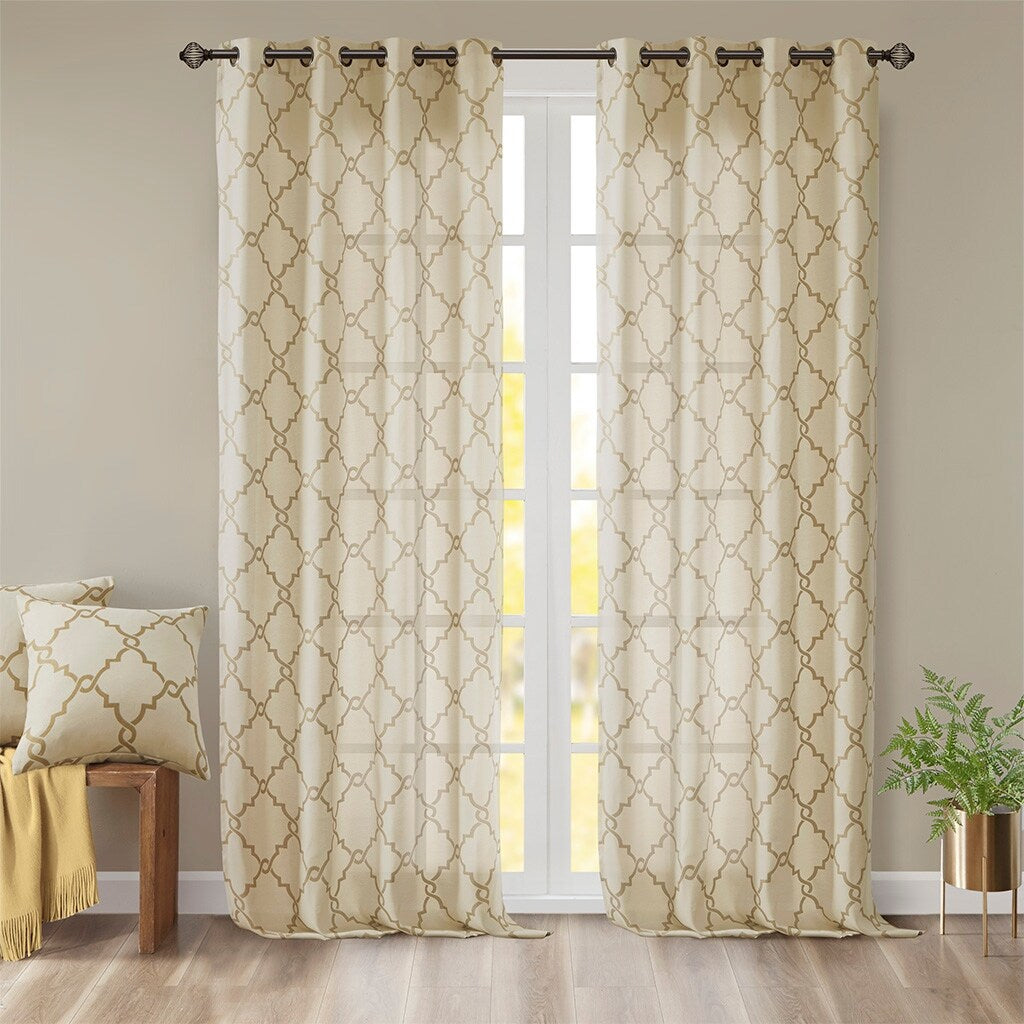 Cotton Blend Curtain Panel Pair, Scroll Geometric Print Grommet Curtain Panel Machine Washable - 63/84/95/108