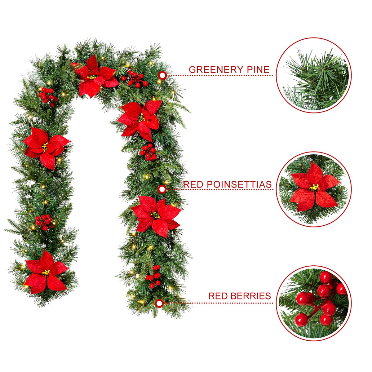 Glitzhome Set of 2 6ft Pre-Lit Flocked Greenery Pine White Poinsettia Christmas Garland