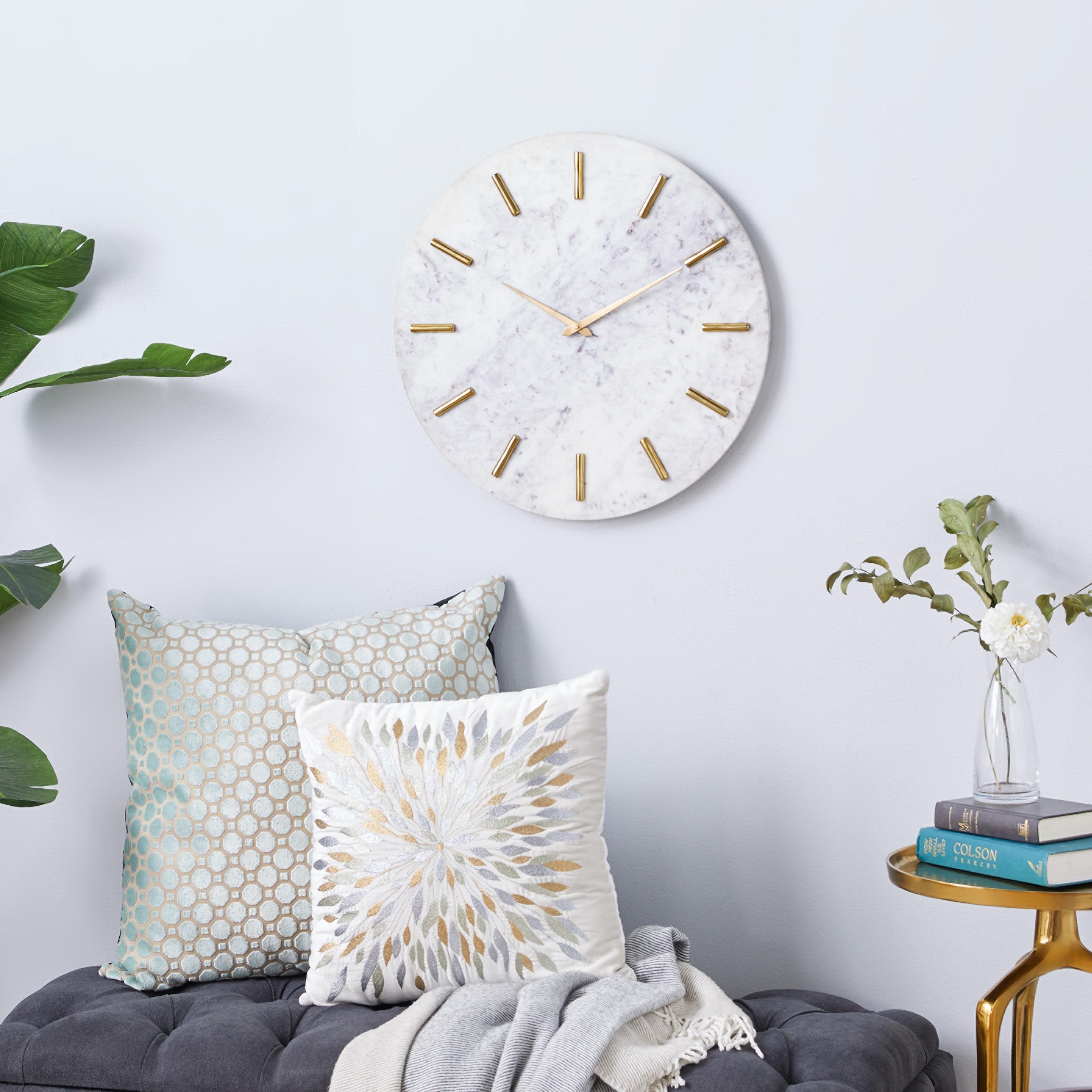 Marble Decorative Wall Clock with Gold Metal Accents - White - CosmoLiving by Cosmopolitan