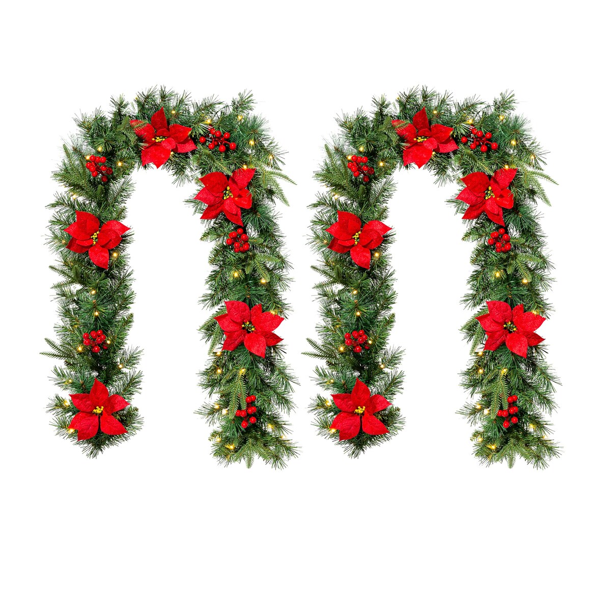 Glitzhome Set of 2 6ft Pre-Lit Flocked Greenery Pine White Poinsettia Christmas Garland