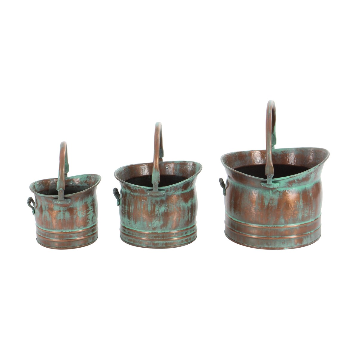 Metal Patina Tulip Style Bucket Indoor Outdoor Planter with Stationary Handles - Set of 3 Copper - Roche River Decor