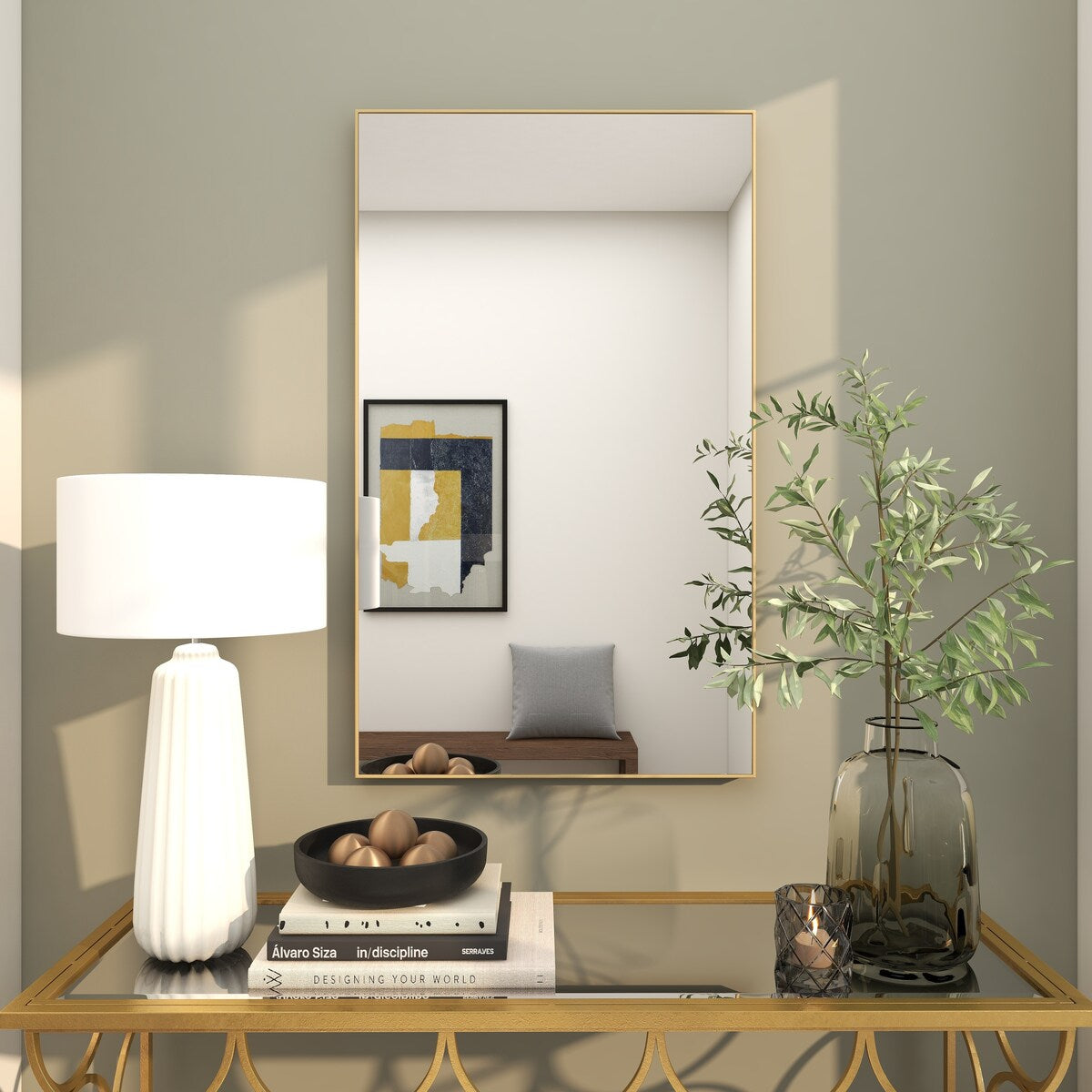 Wood Room Wall Mirror with Thin Minimalistic Frame - Black, White or Gold - Roche River Decor