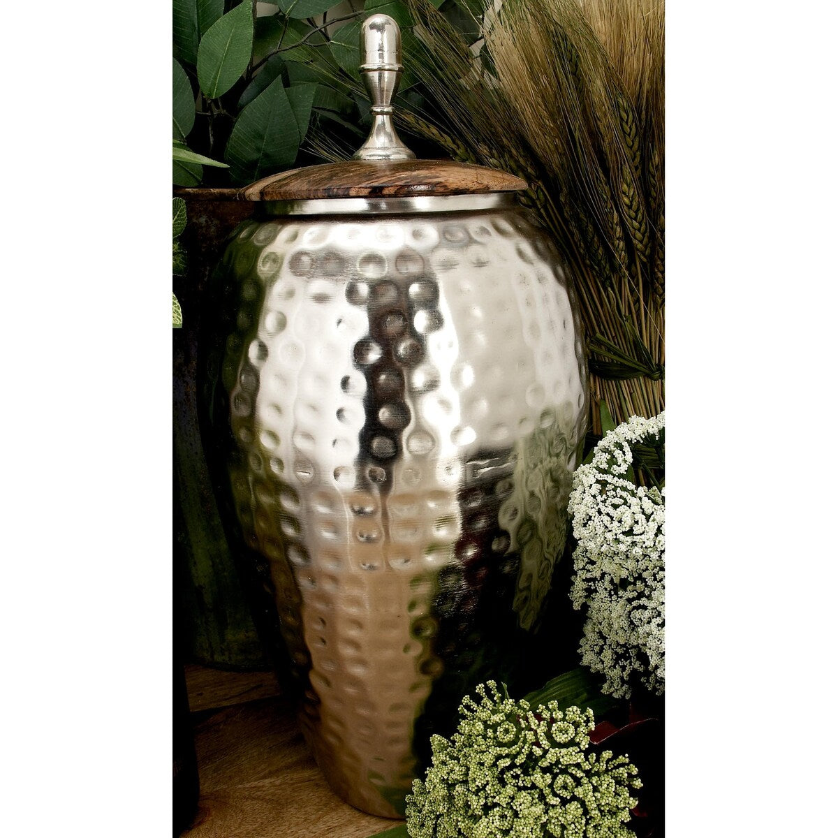 Metal Hammered Living Room Decorative Jars with Wood Lid - Silver - Roche River Decor