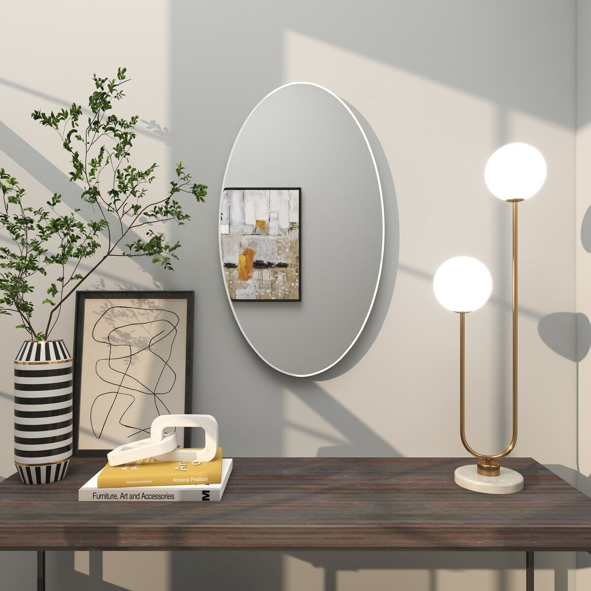 Wood Oval Room Wall Mirror with Thin Minimalistic Frame - Black, Gold or White - Roche River Decor