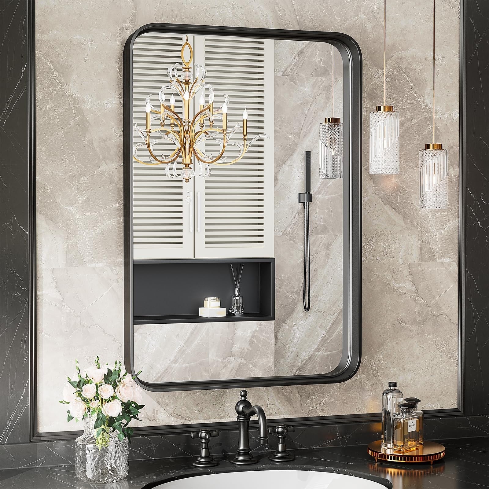 Black Aluminum Alloy Framed Vanity Rounded Rectangle Bathroom Mirrors for Over Sink Wall, Horizontally or Vertically Hanging