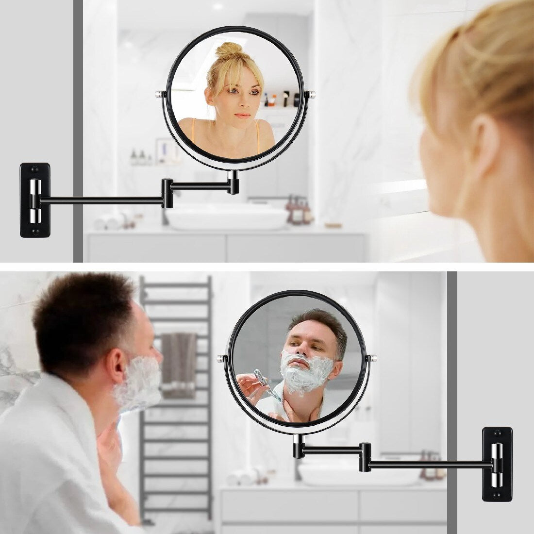 360° Swivel Wall Mounted Makeup Vanity Mirror with Extension Arm, 1X / 10X Magnification Mirror, 8-inch Makeup Mirror