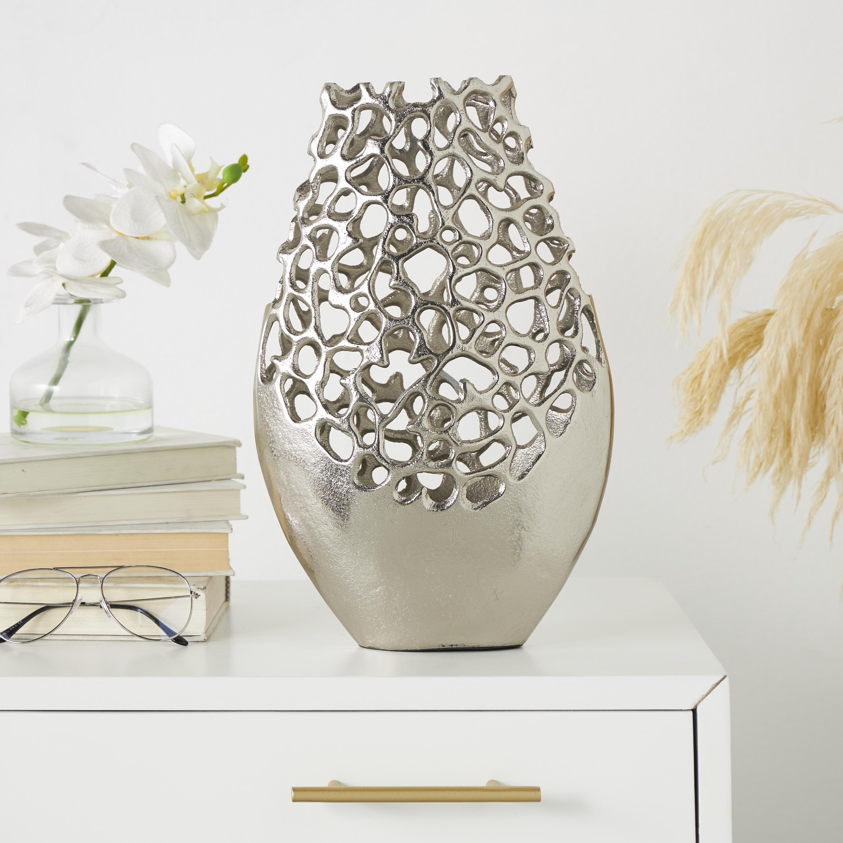 Aluminum Metal Rounded Decorative Vase with Freeform Open Lattice Work - Silver or Gold - Roche River Decor