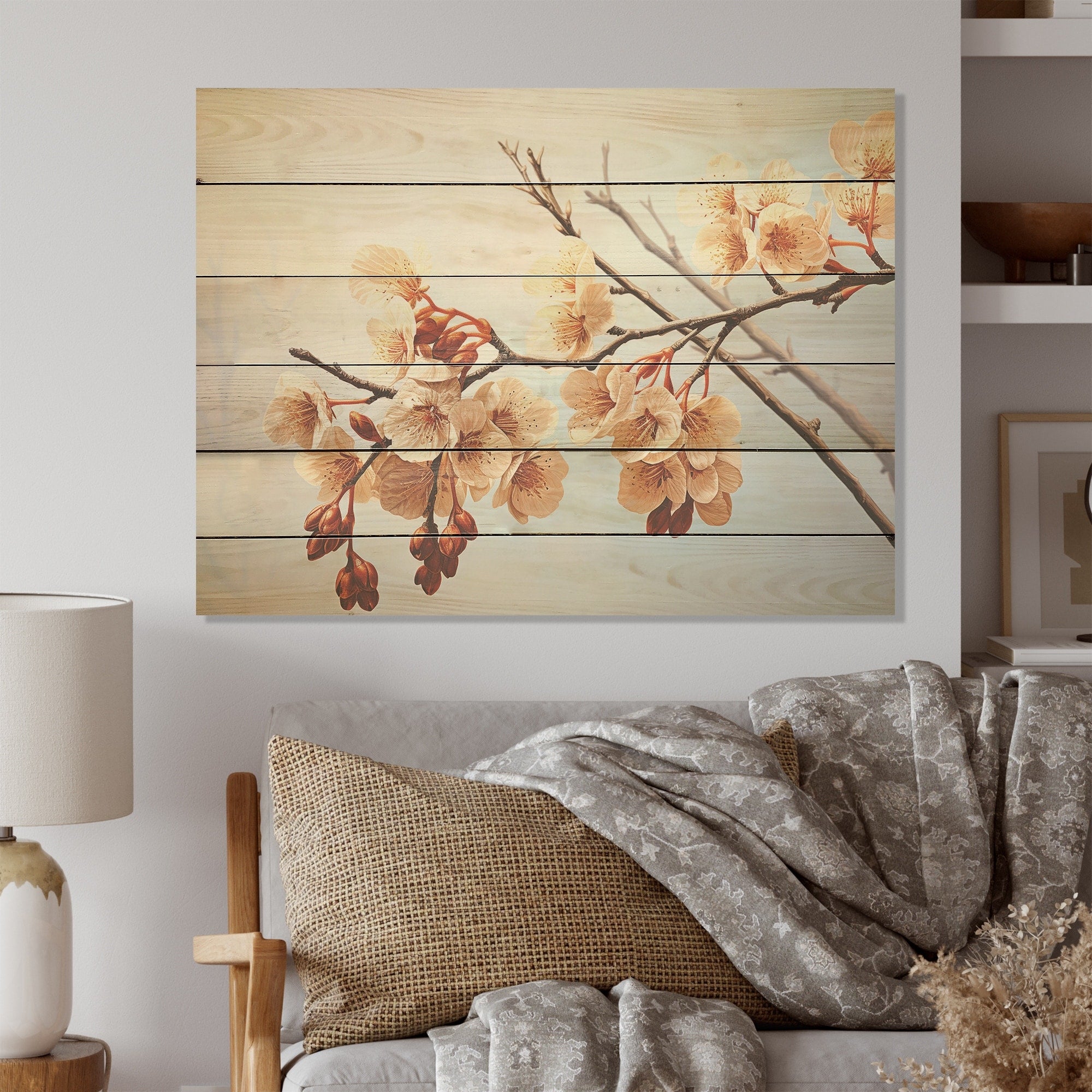 Designart Soft Brown Blossom Flower Branch Flowers Wood Wall Decor Traditional Brown Wood Panel On Natural Pine Wood