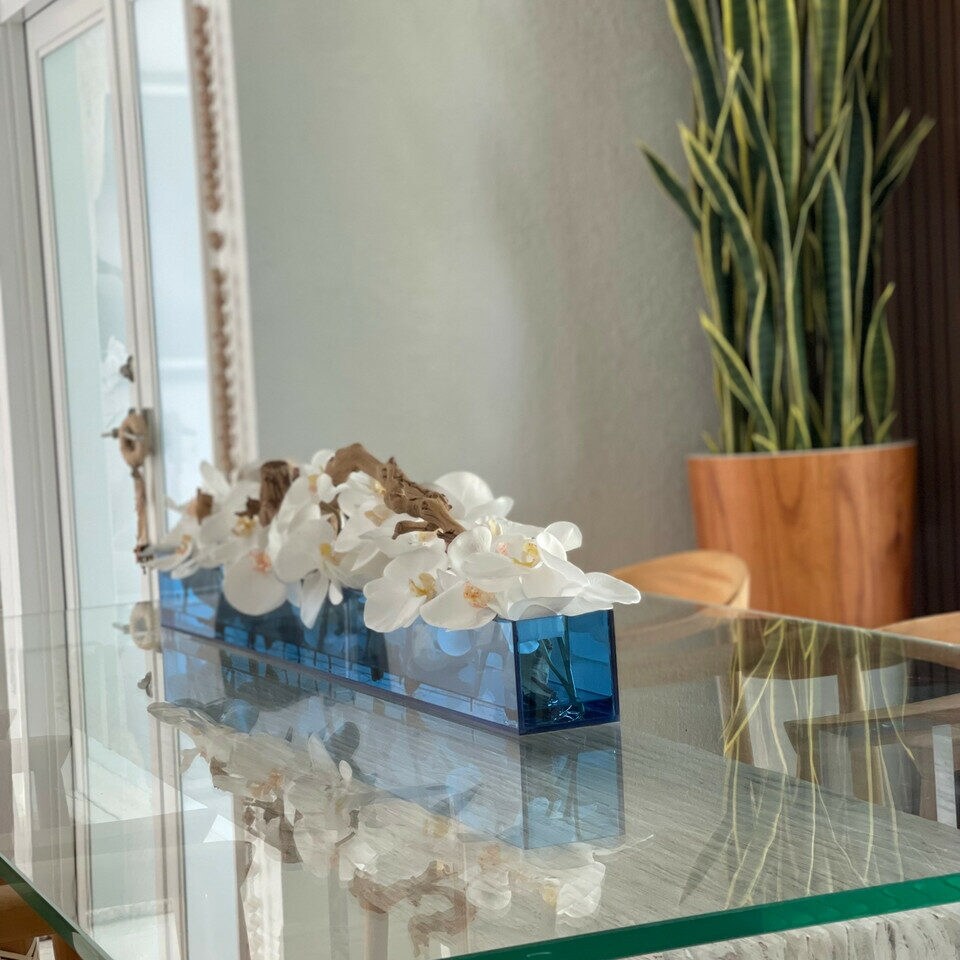 Blue Acrylic Casa Moderna Planter with White Orchids and Driftwood