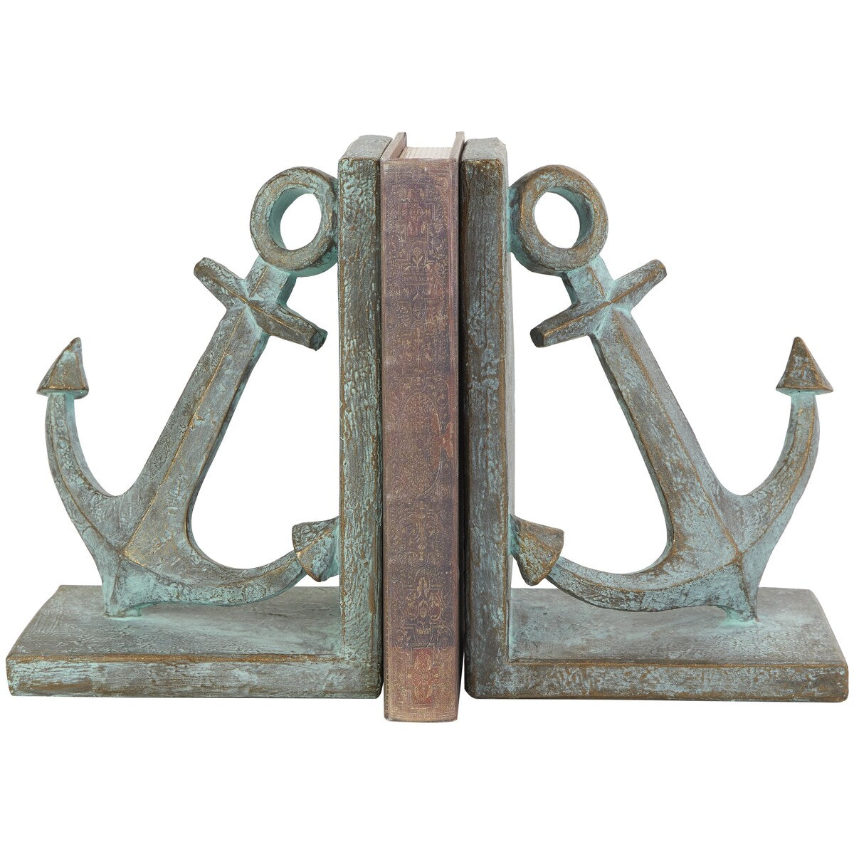 Polystone Anchor Distressed Patina Decorative Bookends with Gold Foil Accents - Set of 2 Blue - Roche River Decor