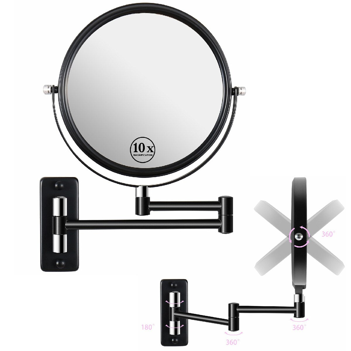 360° Swivel Wall Mounted Makeup Vanity Mirror with Extension Arm, 1X / 10X Magnification Mirror, 8-inch Makeup Mirror