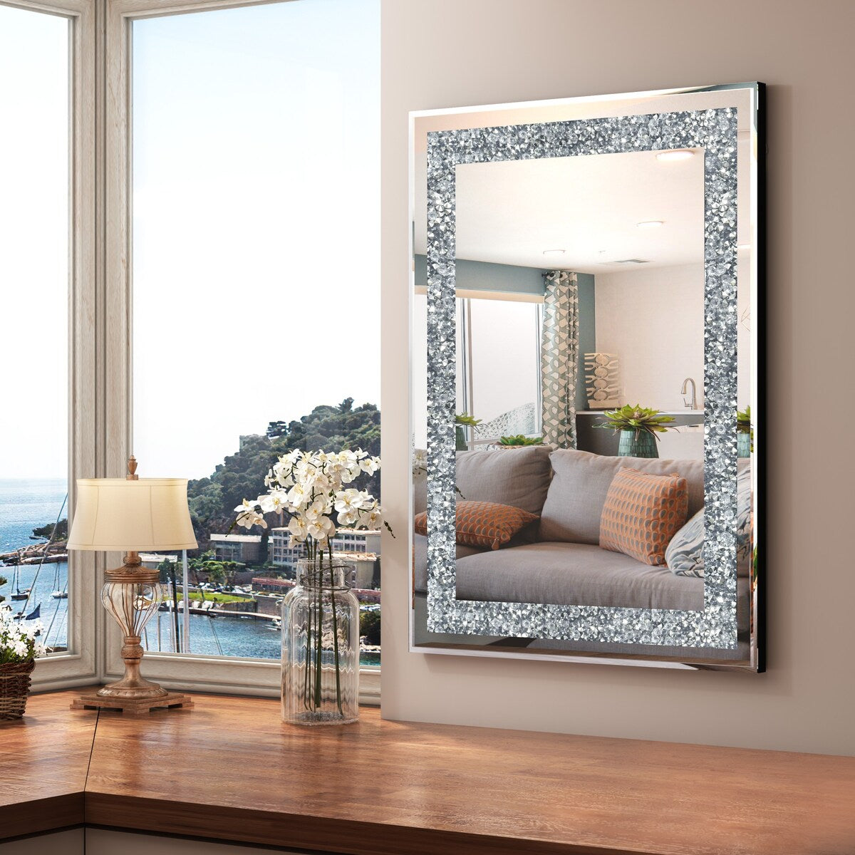 KOHROS Silver Rectangle Crystal Decorative Wall Mirror