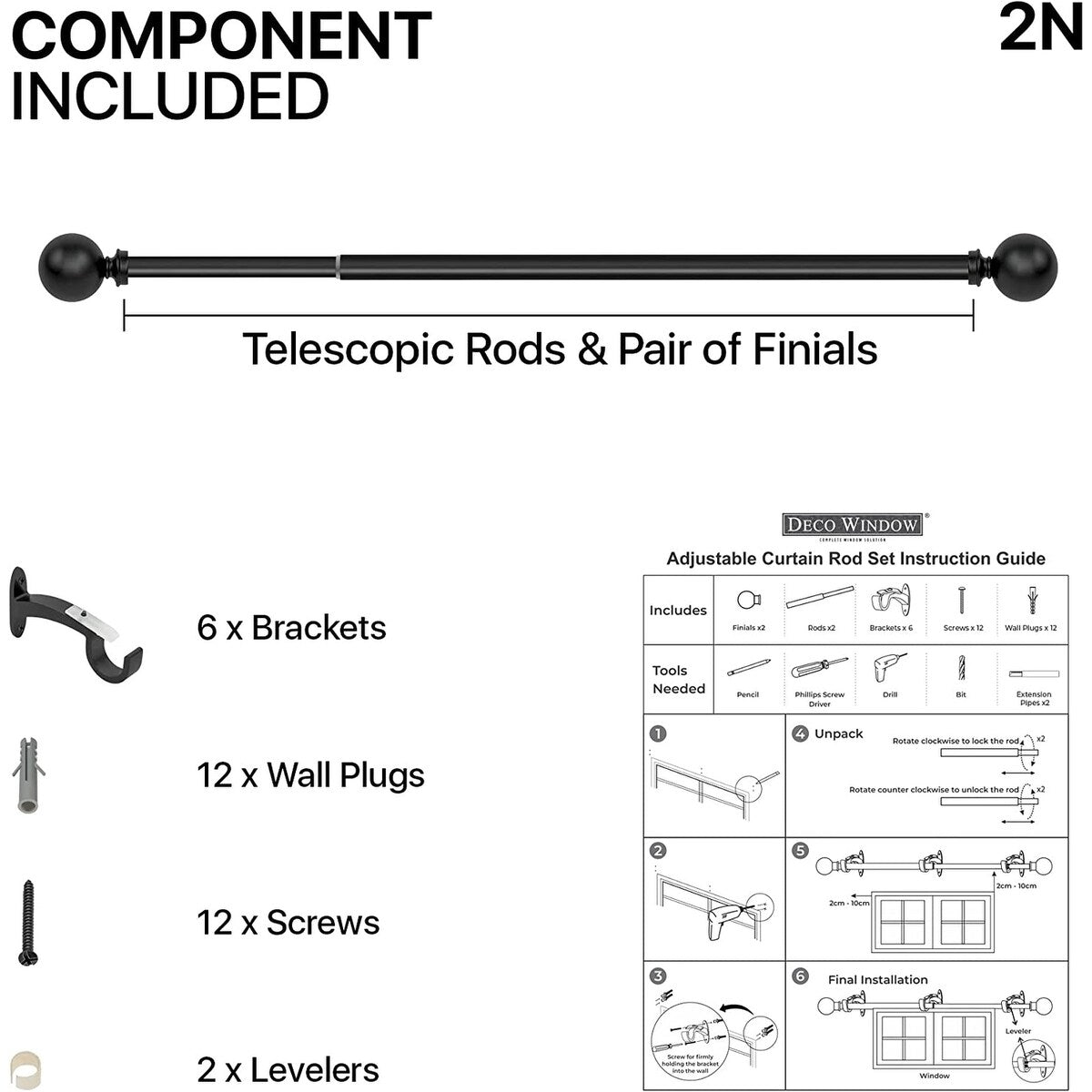 Deco window 1 Inch Adjustable Curtain Rod for Windows & Doors Curtains with Ball Finials & Brackets Set