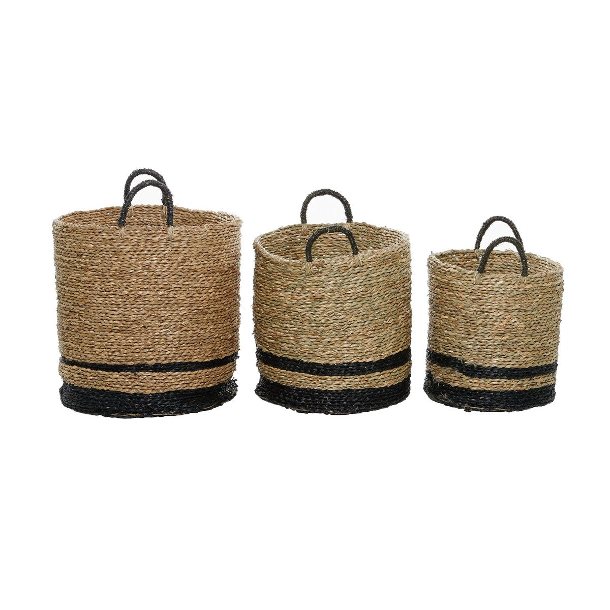 Seagrass Handmade Two-Toned Brown Decorative and Functional Storage Basket with Handles - Set of 3 Black - Roche River Decor