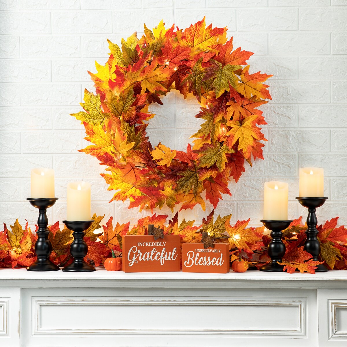 Glitzhome LED Lighted Fall Maple Leaves Wreath/Garland for Thanksgiving