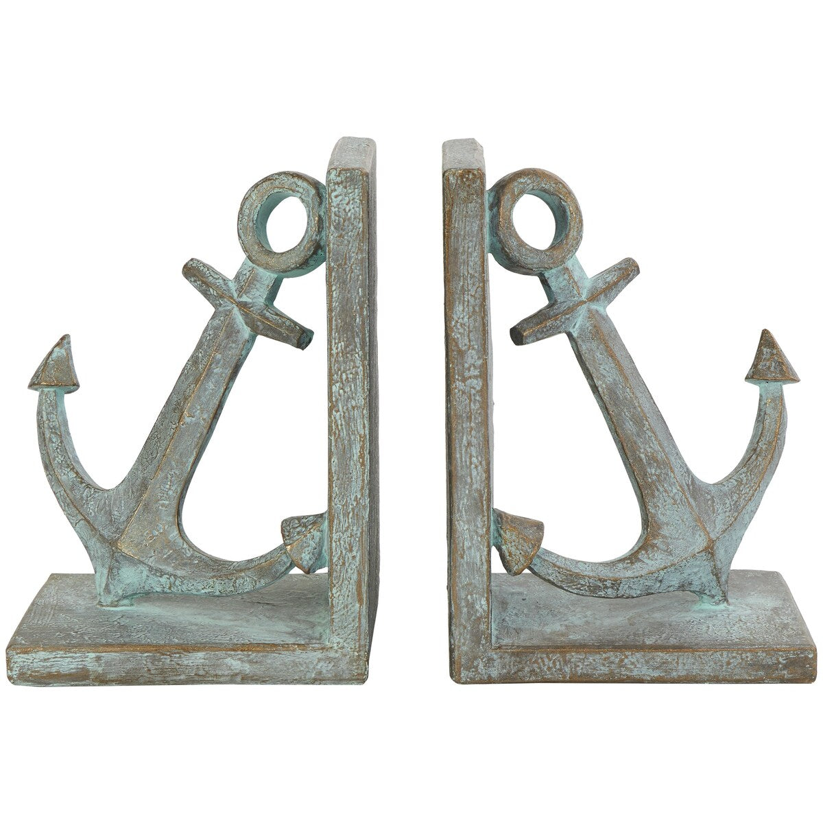 Polystone Anchor Distressed Patina Decorative Bookends with Gold Foil Accents - Set of 2 Blue - Roche River Decor